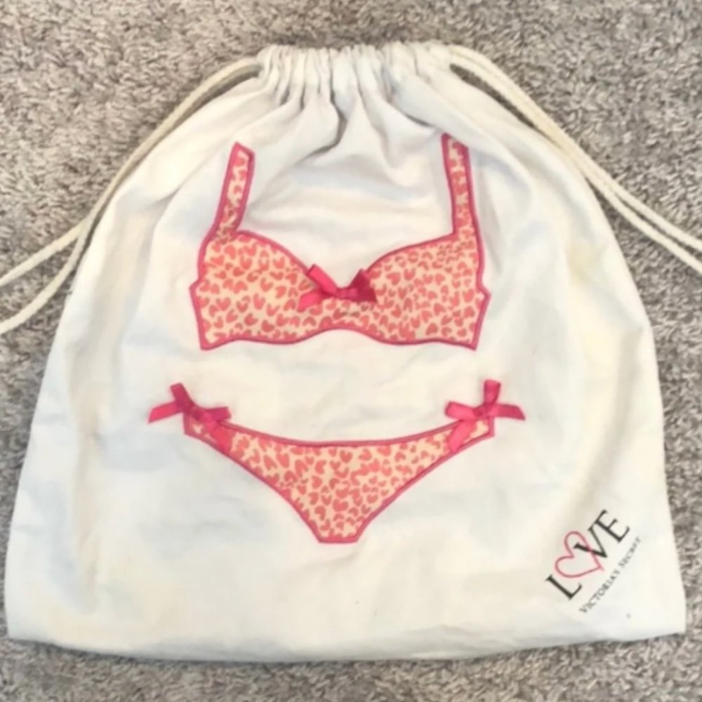 Victoria's Secret Love Lingerie Laundry Bag Pink Bikini Applique Drawstring